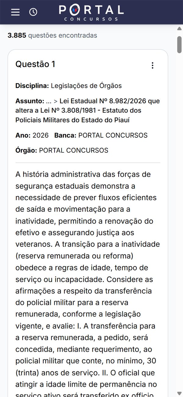 Questão sobre o Estatuto dos Policiais Militares no celular